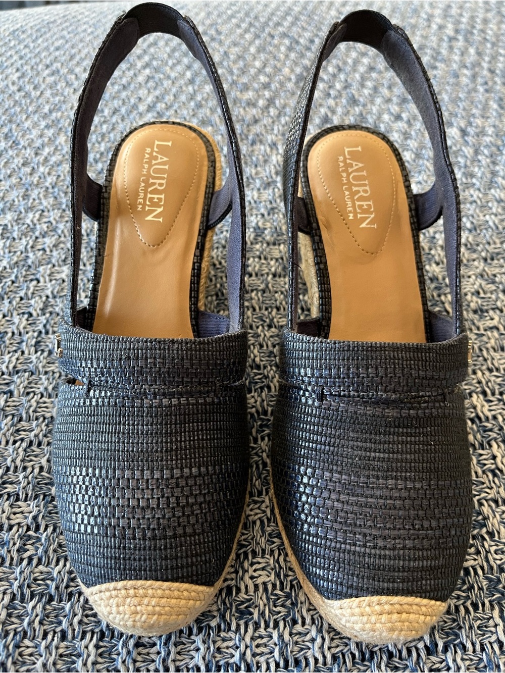 LAUREN Ralph Lauren Navy Woven Espadrille Slingback Flats with Natural Jute Toe